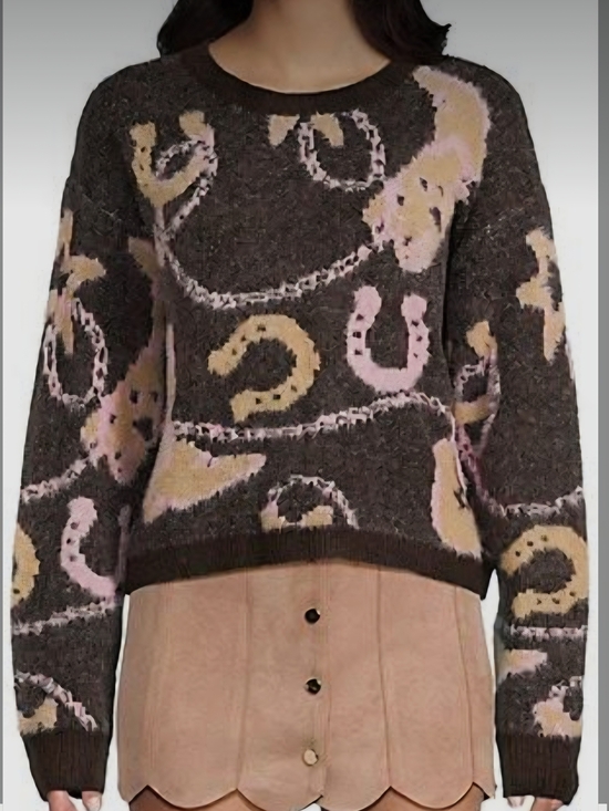 Katie J NYC Sweaters - Katie J NYC Brown Fuzzy Crewneck Sweater with Cowgirl Motif